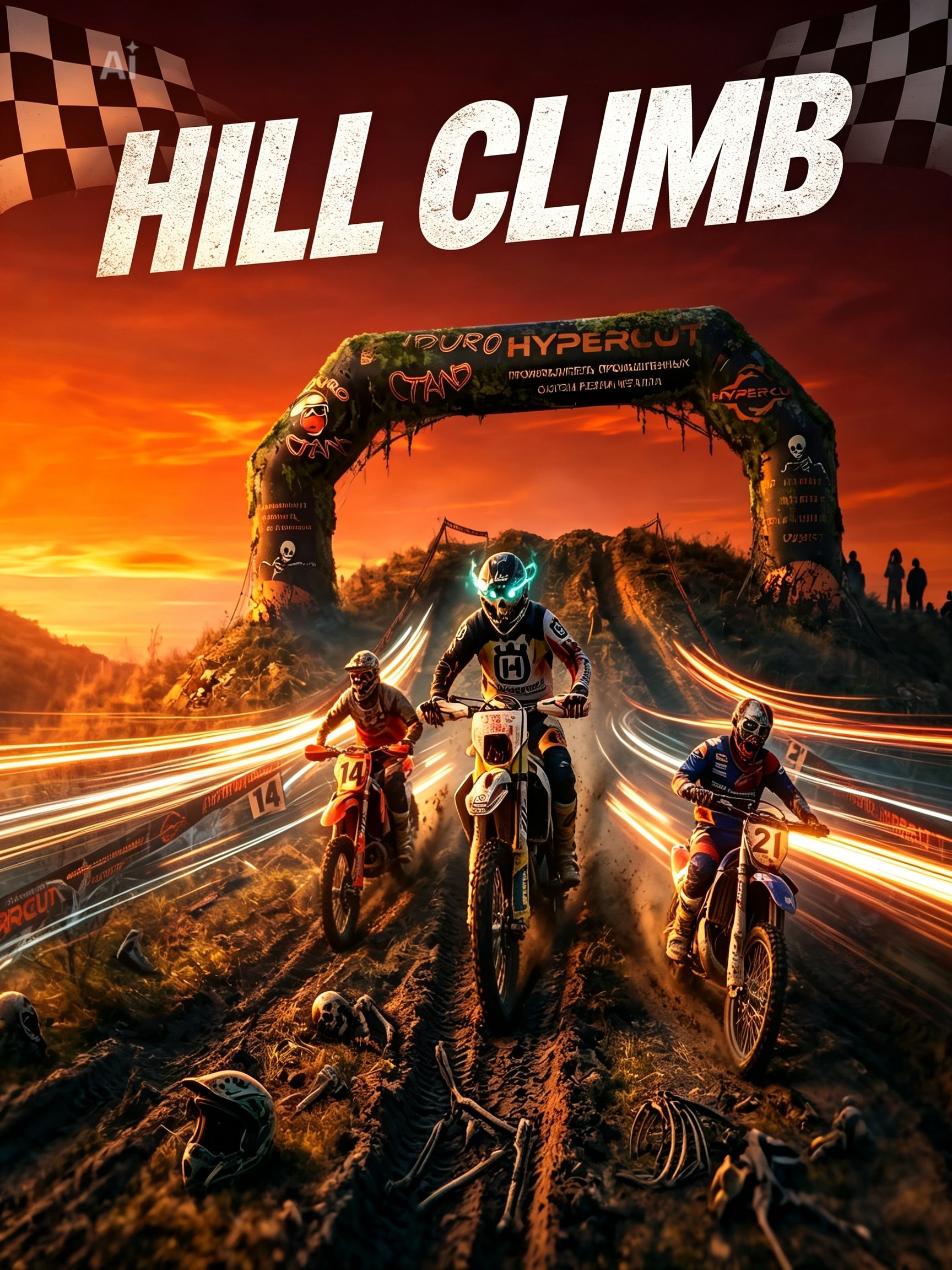 Dirt bikers racing under a finish line arch on a dusty track at sunset with light trails and mountains in background